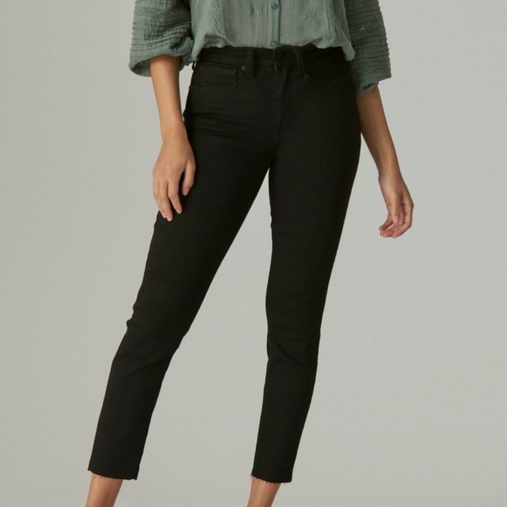 Lucky Brand Women 0/25 Black Denim Raw Hem High Rise Bridgette Skinny Ankle Jean